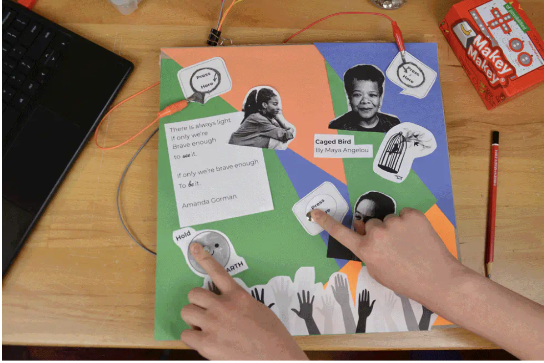 This example demonstrates how Makey Makey can be used to create multiple touch-activated zones that trigger different audio responses. The layout and wiring structure closely relate to my dog-interaction pad, where each paw area activates a unique sound. Studying this setup helps me understand how to organize inputs more cleanly and build a more reliable multi-sensor system.