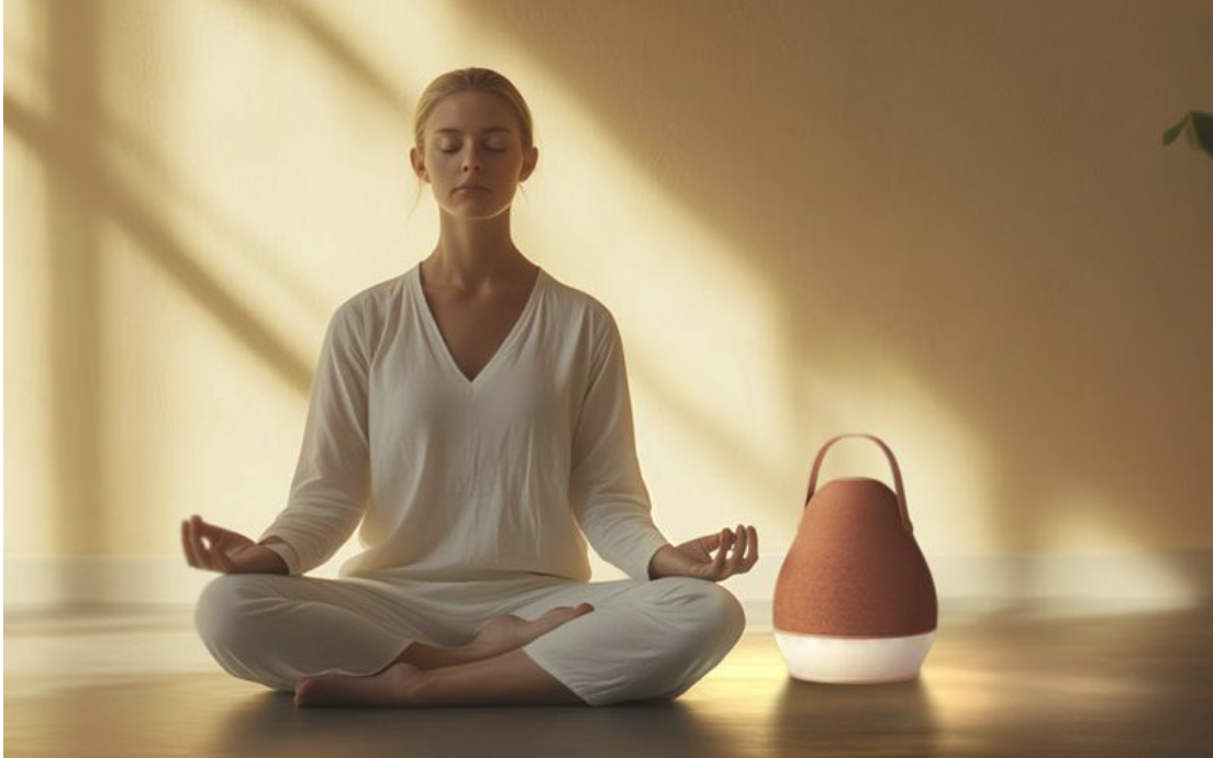 A mindfulness scene featuring a person meditating beside a smart ambient device. It illustrates how emotional technology supports calm, human-centered experiences that balance tech and emotion.